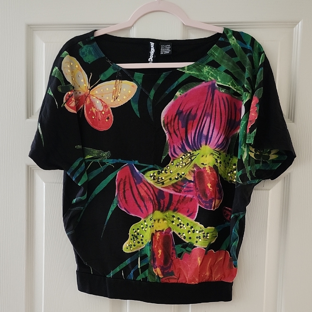 Desigual Black Tropical Floral & Butterfly Scoop-Neck Tee